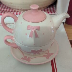 Pink Bow Coquette Teapot, Cup, & Saucer Set Of 3,  tea for 1 coffee bar decor